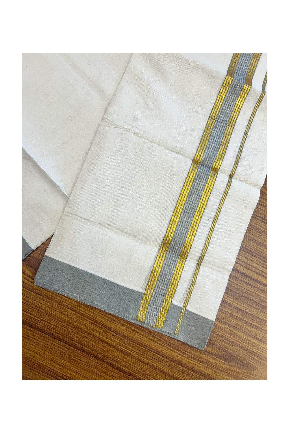 20% DISCOUNT! KaithariKada Balaramapuram Double OFF WHITE Mundu/Dhoti - 80x80 - 1.5 Inch Gold Kasavu & Grey Shaded striped Kara - 15KK5182VAS