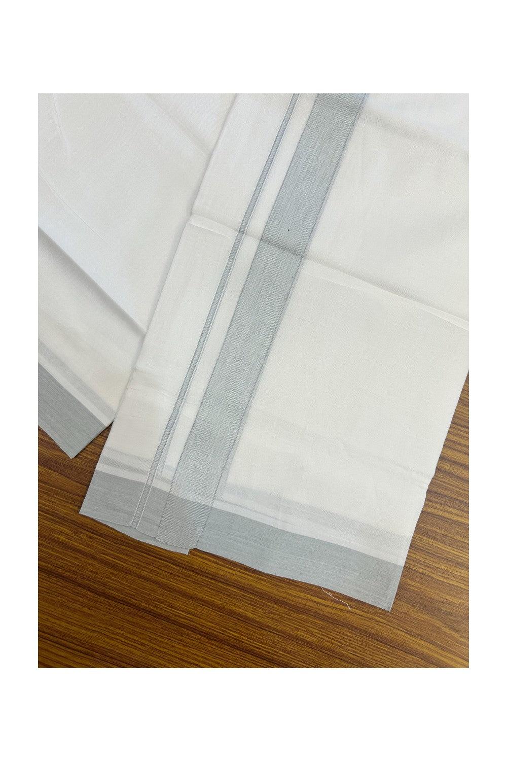 20% Discount ! Kaitharikada Balaramapuram 100% Cotton PURE WHITE Double Mundu/Dothi - 100x80 - 1.25 inch Light Greyish Blue Striped Kara - 15KK5183VIN