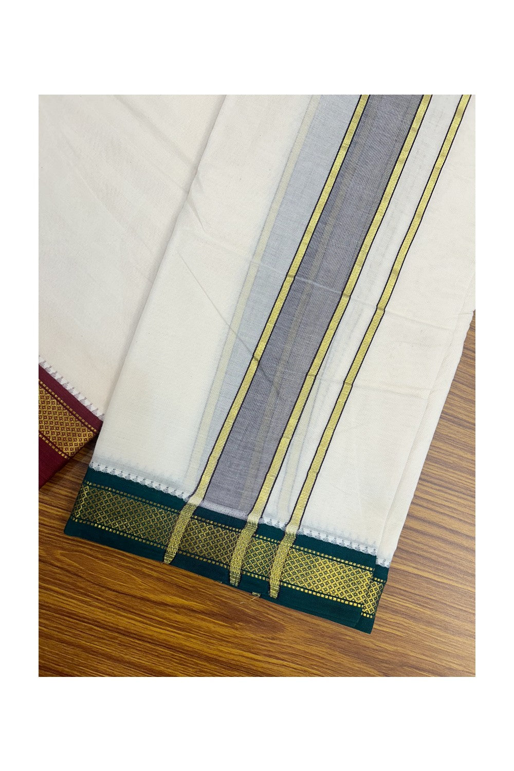 20% DISCOUNT! KaithariKada 100% Cotton Off White - (Unbleached) 100x100 thread - NORTH INDIAN- ATTACHED GAMCHA 10x6 Dhoti 2 inch Violet kara with Maroon & Dark Green Kasavu border - 15KK5196PMC