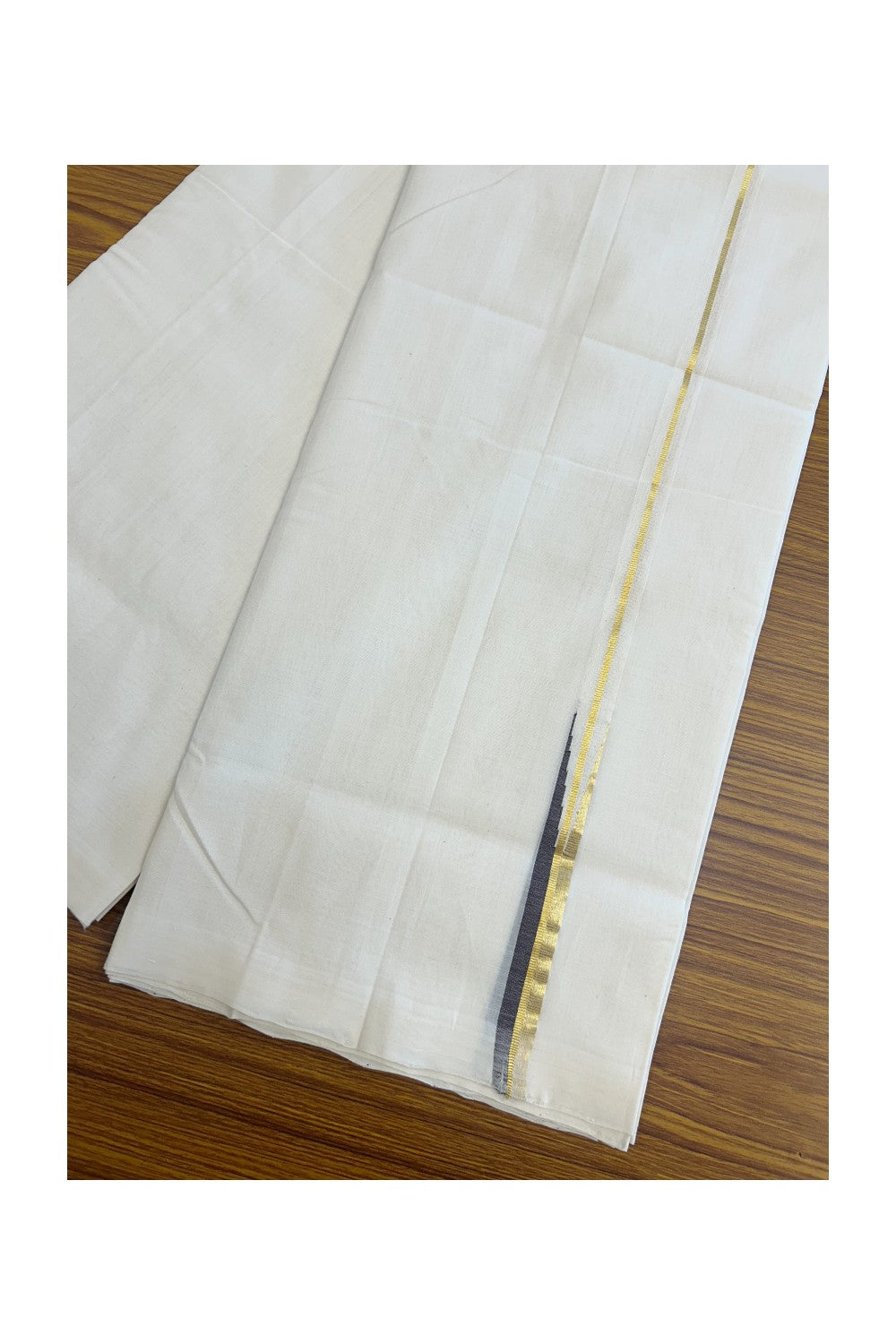 25% DISCOUNT!! KaithariKada HANDLOOM UNAKKUPAAV Balaramapuram - 100% PURE Cotton OFF White - (Unbleached) Double Mundu/Dothi - 100 s warp x 80s weft - 1.5 cm Puliyilakkara Brown & Gold Kasavu Chutty - 15KK5200REA
