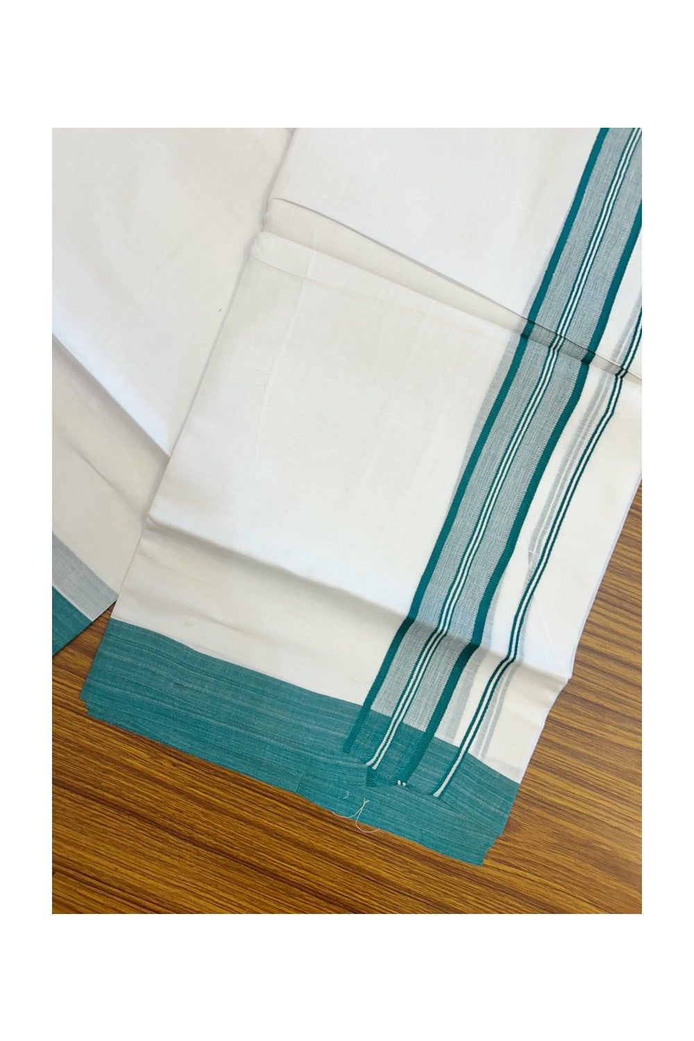 20% DISCOUNT! KaithariKada Balaramapuram 100% Cotton Double Pure white Mundu/Dhoti-( 60s ) - 1.5 inch Green Shaded Striped Kara - 3.84mtr ( 8 muzham) - 15KK5227 PMC
