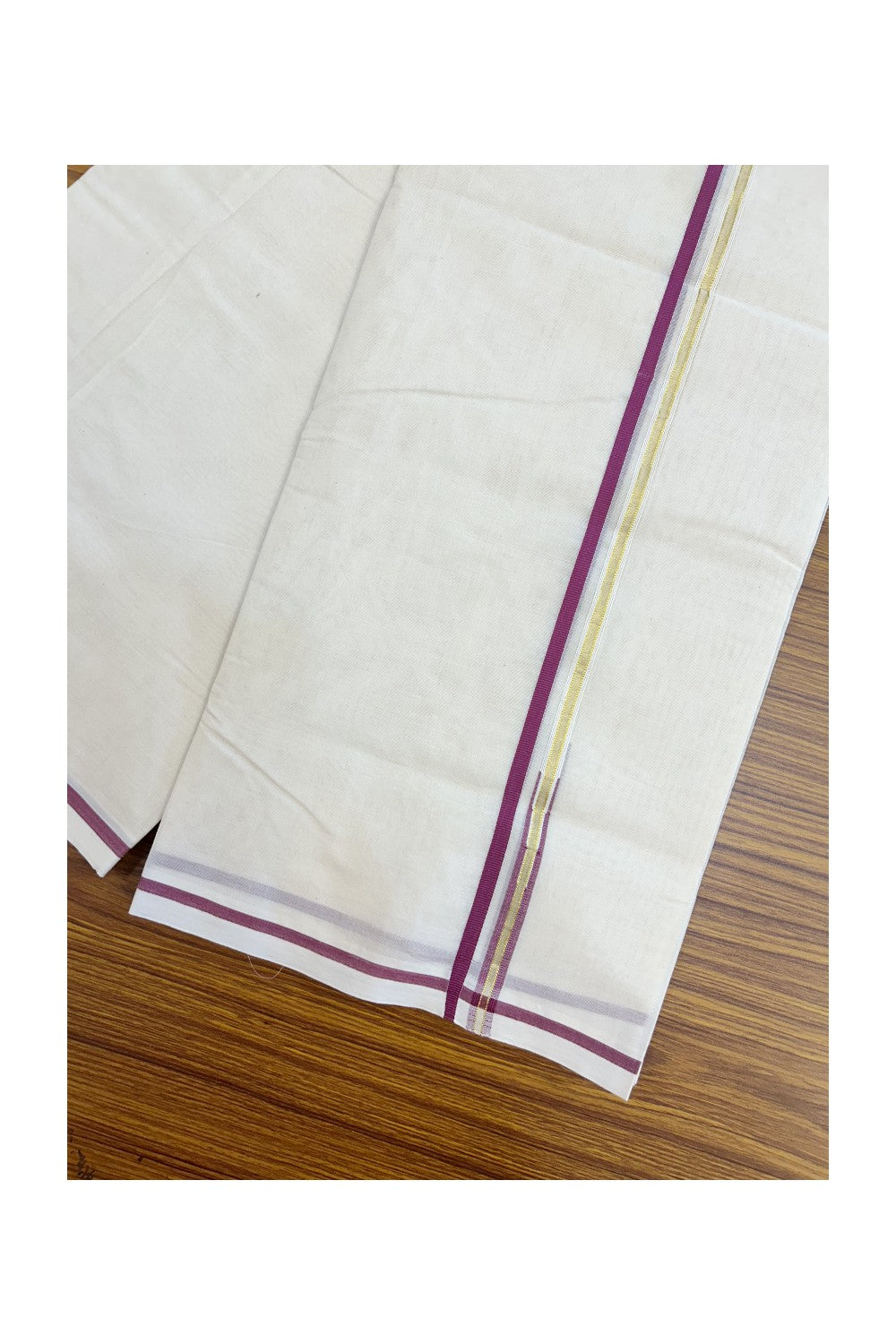 20% DISCOUNT! KaithariKada Balaramapuram 100% Cotton Double Off white - (Unbleached) Mundu/Dhoti- 100x100 1 cm Puliyilakkara Gold Kasavu & Magenta Chutty Kara - 4 mtr (8.5 muzham)- 15KK5228 ASH