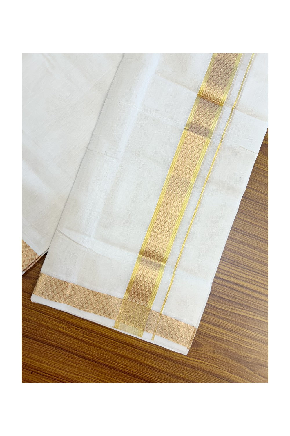25% DISCOUNT ! KaithariKada HANDLOOM Unakkupaav Balaramapuram - 100% PURE Cotton OFF WHITE - (Unbleached) Double Mundu/Dhoti - 80x90 - 1.75 inch Gold Kasavu & Copper Jacquard Design Kara 4 mtr (8.5 Muzham) - 14KK5231 ABH
