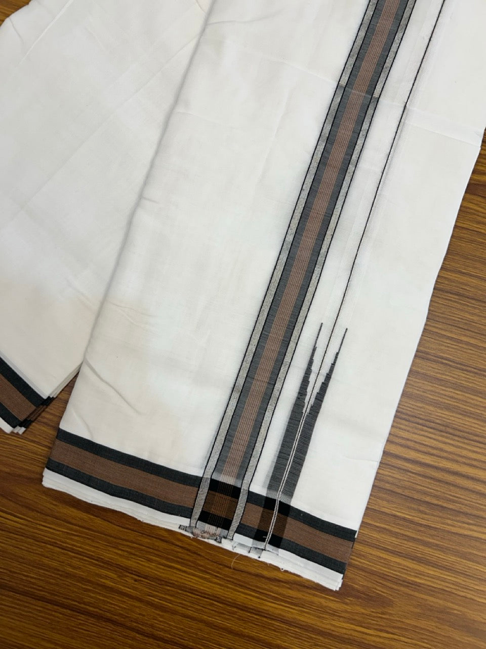 25% Discount!! NEW ULTRA PURE WHITE THREAD HANDLOOM Balaramapuram - 100% MERCERISED Cotton Double Mundu/Dhoti - 120 twisted warp x 80s weft - Brown Black Stripes Silver Kasav Chutty Kara- 15KK5248 REA
