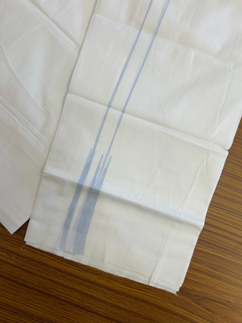 20% DISCOUNT!! NEW!! KaithariKada Balaramapuram 100% Cotton PURE WHITE Double Mundu/Dhoti - (100x80)s - 0.75 inch Sky Blue Line chutty - 15 KK5249 VIN