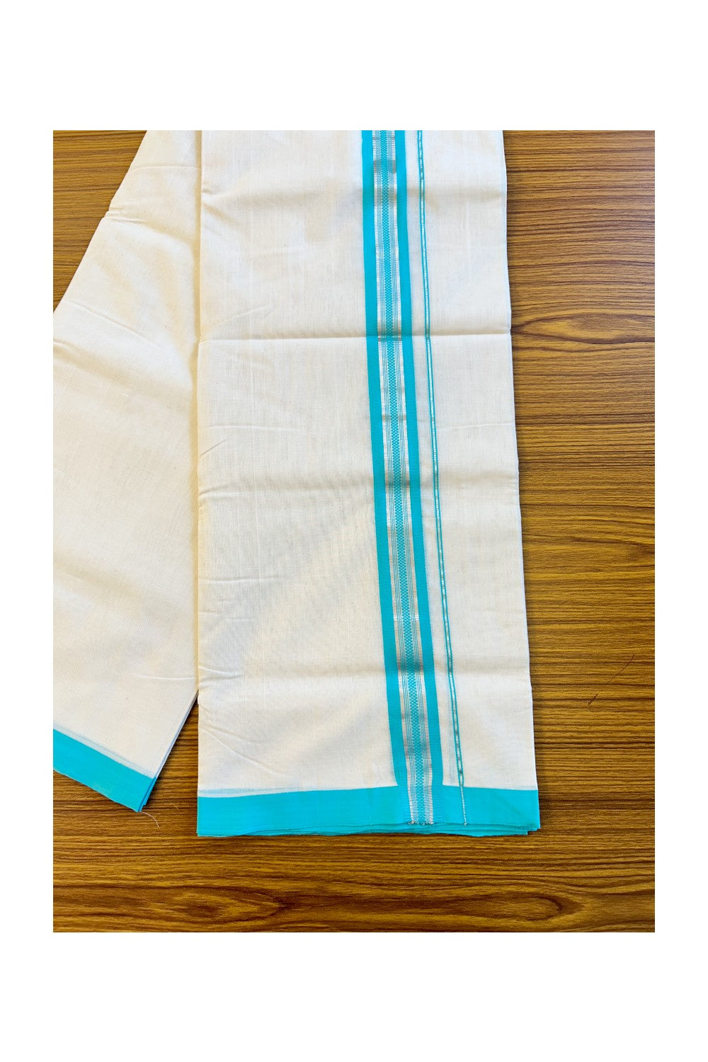25% Discount! KaithariKada Balaramapuram handloom Unakkupaav- 100% Pure Cotton Off white (Unbleached) Double Mundu/Dhoti - Silver stripes Turquoise blue kara - 15KK72RAM
