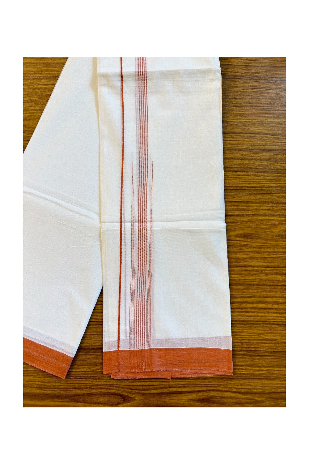 22% DISCOUNT!! Kaitharikada Balaramapuram 100% Cotton PURE WHITE Double Mundu/Dothi-100x100 2 Inch ORANGE Striped Cotton Kara 3.80m (8 Muzham) - 15KK74RAM