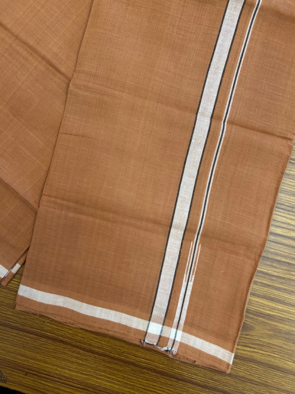 HANDLOOM Single KaithariKada - 10% Discount ! 100% Pure Cotton - Mundu/Dhoti KAVI COLOUR BODY 2cm BLACK & WHITE Kara Stripes Chutty (2 meter / 4 muzham)- 15KK8026ELA