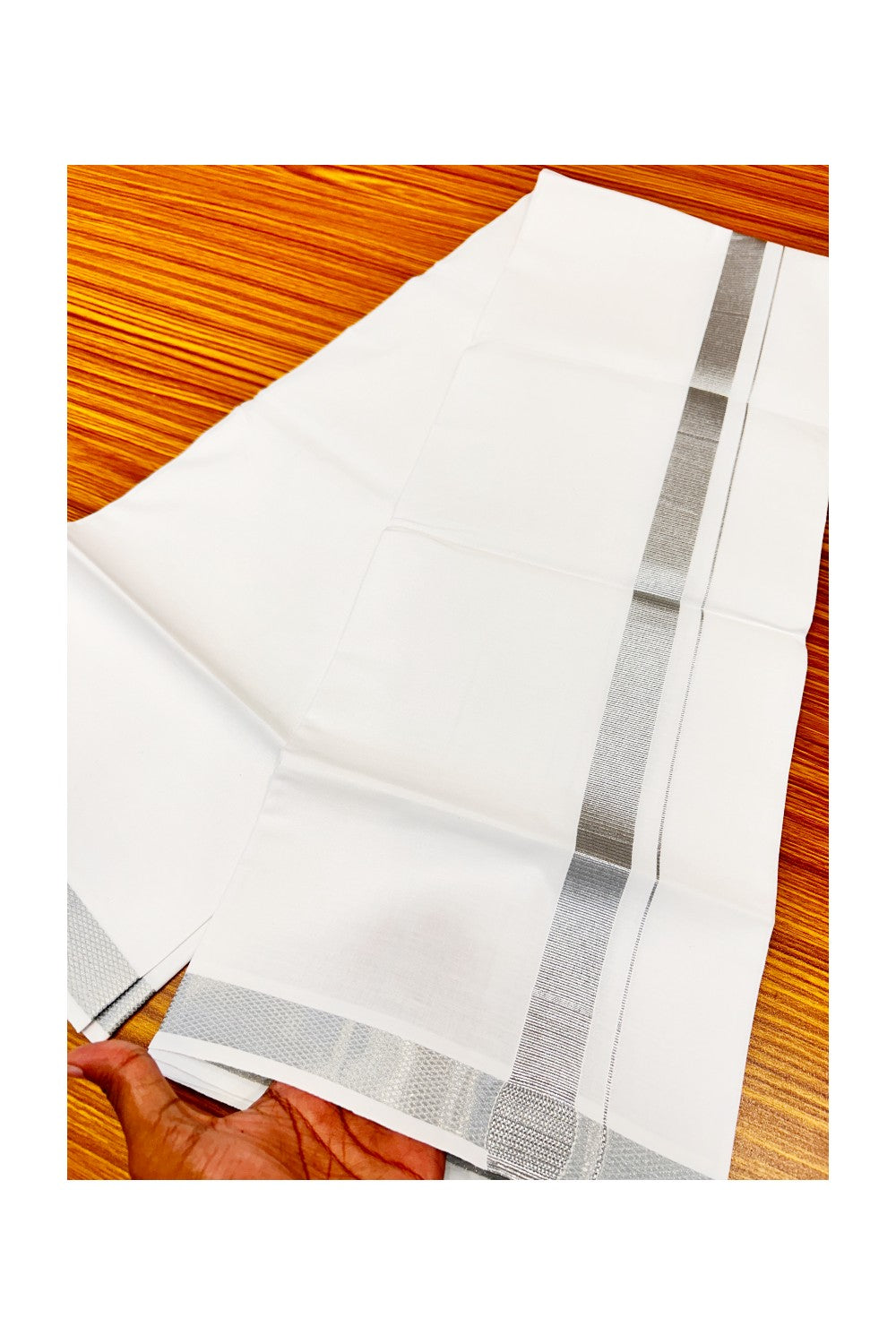 15% OFFER!! KaithariKada 100% Cotton PURE WHITE SINGLE Mundu/Dhoti-40X40- 3.5cm (2 meter / 4 muzham) SILVER KASAVU Zazri Kara- 15sar