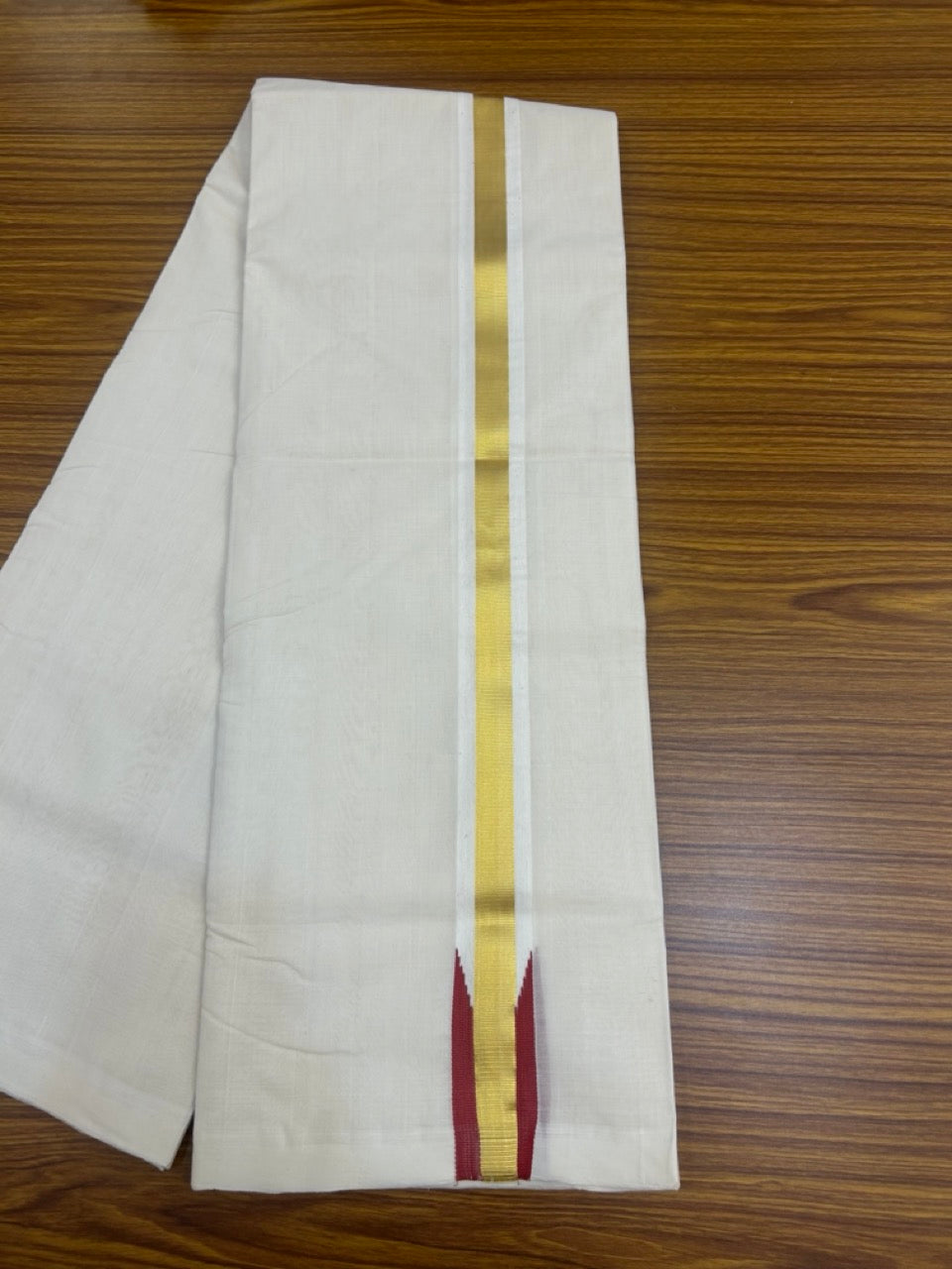 25% Discount ! KaithariKada Handloom Unakkupaav Balaramapuram - Cotton Off White (Unbleached) Double Mundu/Dothi - 80x90 - 1.5 inch Puliyilakkara Kasavu Red chutty 3.85 mtr (8 muzham) - 104 KK5256 RAM