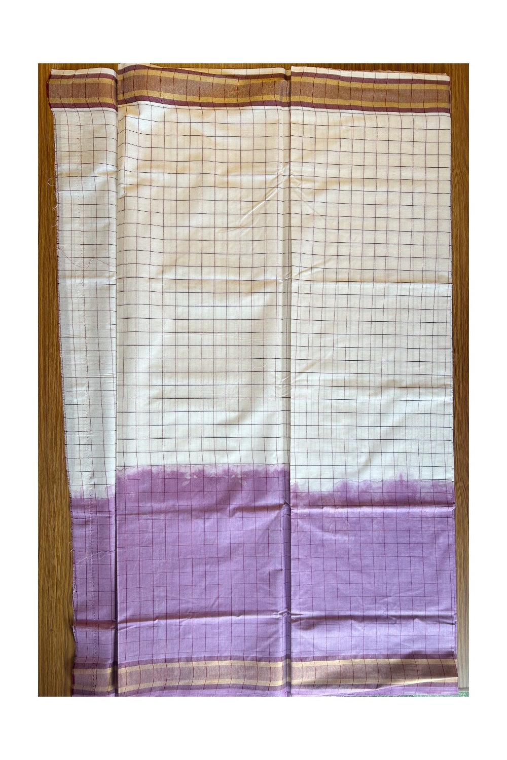 15% Discount! Kaitharikada Kerala Cotton Saree - Purple Color Dyed & Gold Kasavu Maroon Striped Kara - 15KK1003HAR