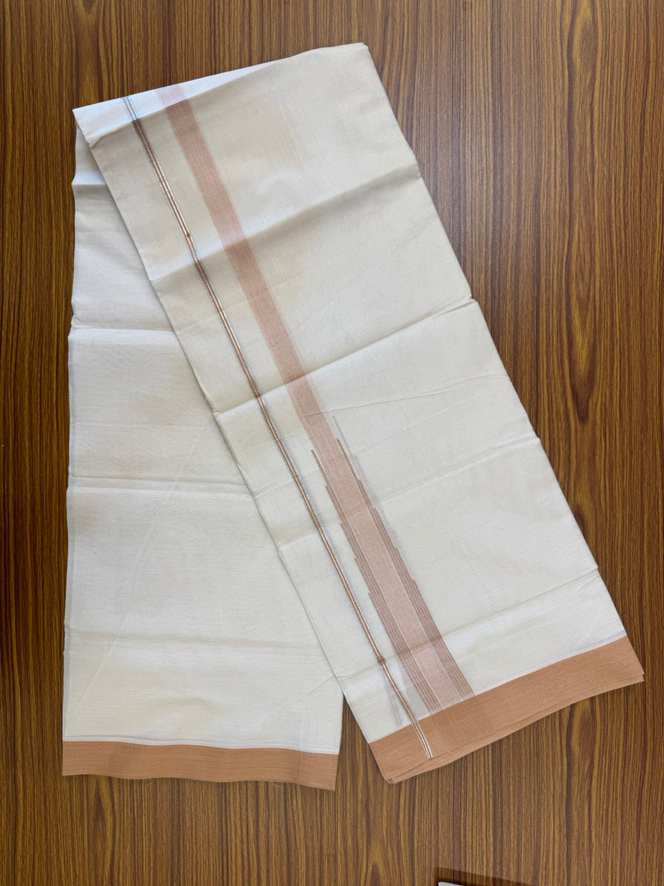 18% Discount! KaithariKada Balaramapuram 100% Cotton Off white Double Mundu/Dhoti - (100x80)s - 1.5 inch Puliyilakkara Peach Brown Stripes Chutty Silver Kasav - 150 KK5258 THI