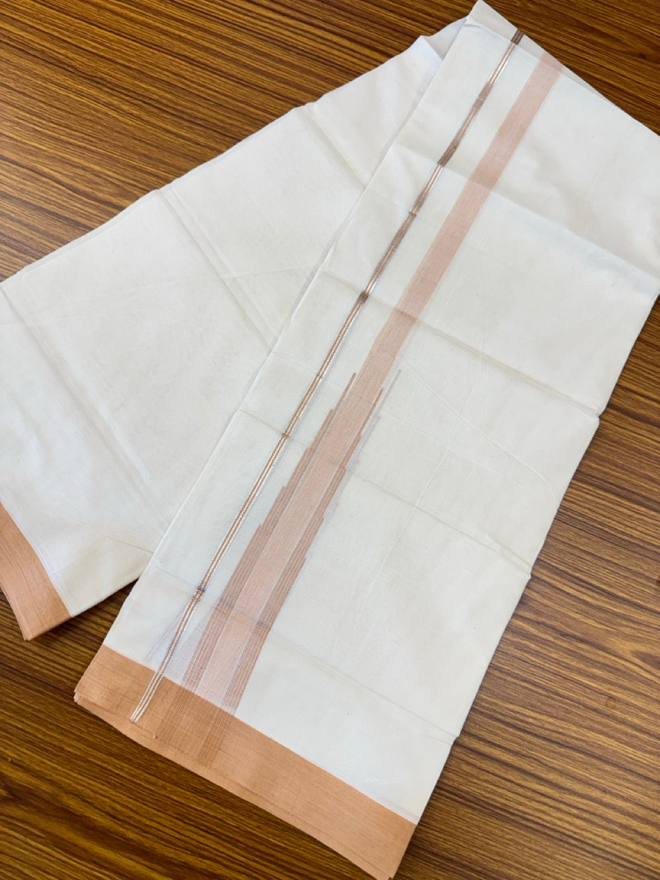 18% Discount! KaithariKada Balaramapuram 100% Cotton Off white Double Mundu/Dhoti - (100x80)s - 1.5 inch Puliyilakkara Peach Brown Stripes Chutty Silver Kasav - 150 KK5258 THI