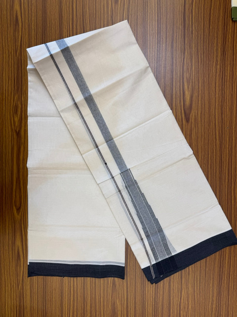 18% Discount! KaithariKada Balaramapuram 100% Cotton Off white Double Mundu/Dhoti - (100x80)s - 1.5 inch Puliyilakkara Black Stripes Chutty Silver Kasav - 151 KK5258 THI