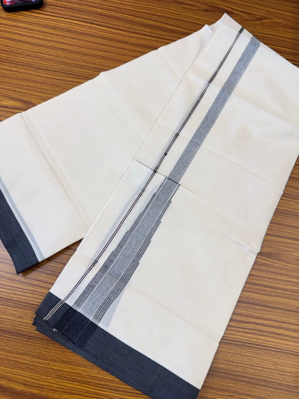 18% Discount! KaithariKada Balaramapuram 100% Cotton Off white Double Mundu/Dhoti - (100x80)s - 1.5 inch Puliyilakkara Black Stripes Chutty Silver Kasav - 151 KK5258 THI