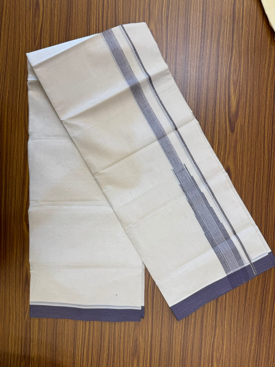 18% Discount! KaithariKada Balaramapuram 100% Cotton Off white Double Mundu/Dhoti - (100x80)s - 1.5 inch Puliyilakkara Lavender Violet Stripes Chutty Silver Kasav - 152 KK5258 THI