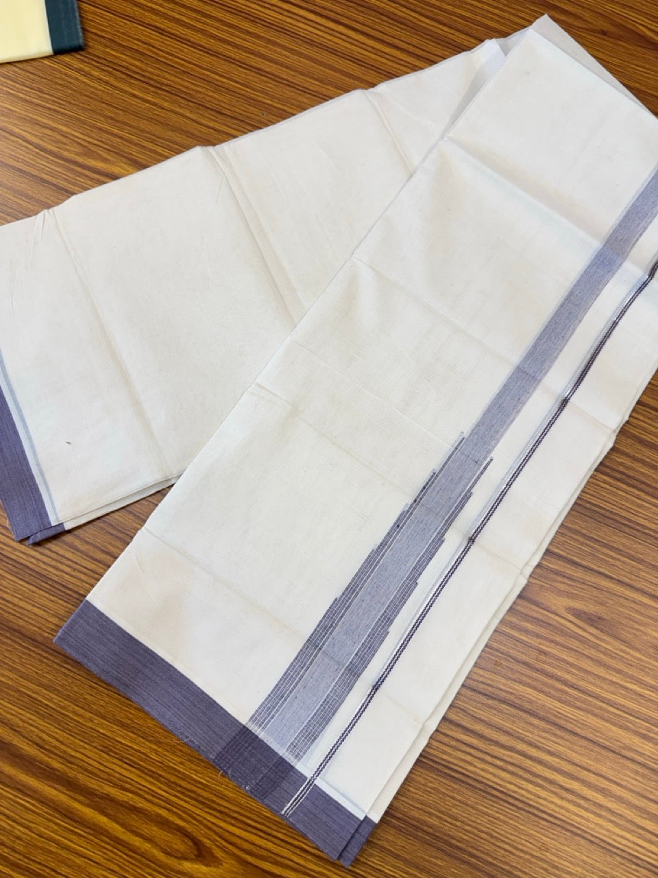 18% Discount! KaithariKada Balaramapuram 100% Cotton Off white Double Mundu/Dhoti - (100x80)s - 1.5 inch Puliyilakkara Lavender Violet Stripes Chutty Silver Kasav - 152 KK5258 THI