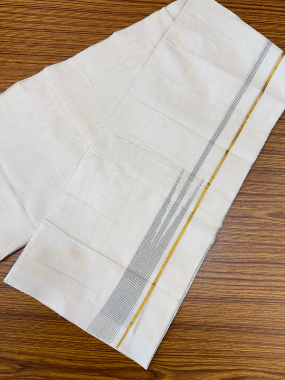 18% Discount! KaithariKada Balaramapuram 100% Cotton Off white Double Mundu/Dhoti - (100x80)s - 0.25 inch Puliyilakkara Light Sage Green Stripes Chutty Gold Kasav - 153 KK5258 THI