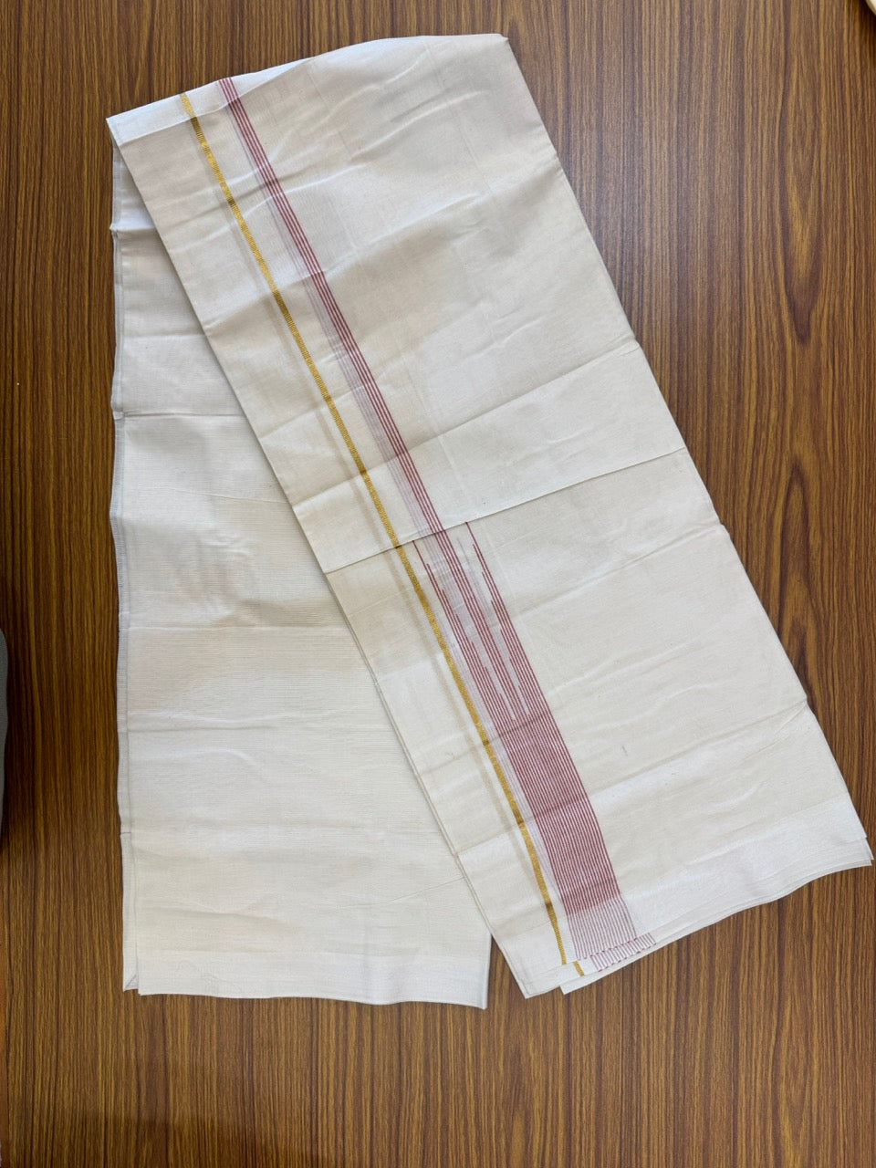 18% Discount! KaithariKada Balaramapuram 100% Cotton Off white Double Mundu/Dhoti - (100x80)s - 0.25 inch Puliyilakkara Pink Red Stripes Chutty Gold Kasav - 154 KK5258 THI
