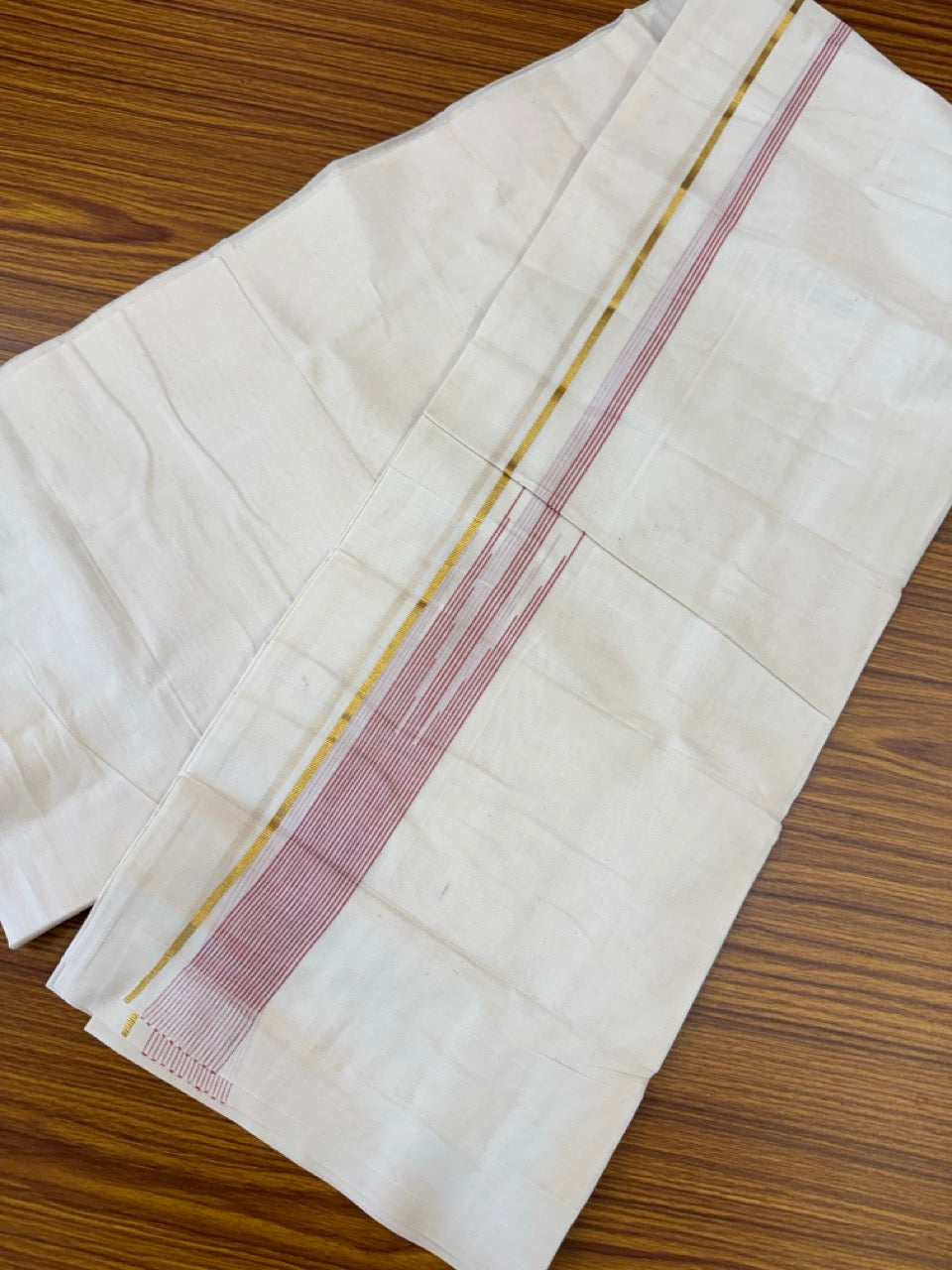 18% Discount! KaithariKada Balaramapuram 100% Cotton Off white Double Mundu/Dhoti - (100x80)s - 0.25 inch Puliyilakkara Pink Red Stripes Chutty Gold Kasav - 154 KK5258 THI
