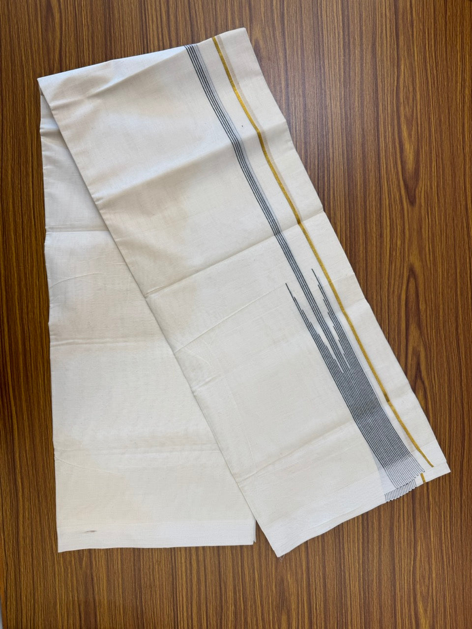 18% Discount! KaithariKada Balaramapuram 100% Cotton Off white Double Mundu/Dhoti - (100x80)s - 0.25 inch Puliyilakkara Black Stripes Chutty Gold Kasav - 155 KK5258 THI