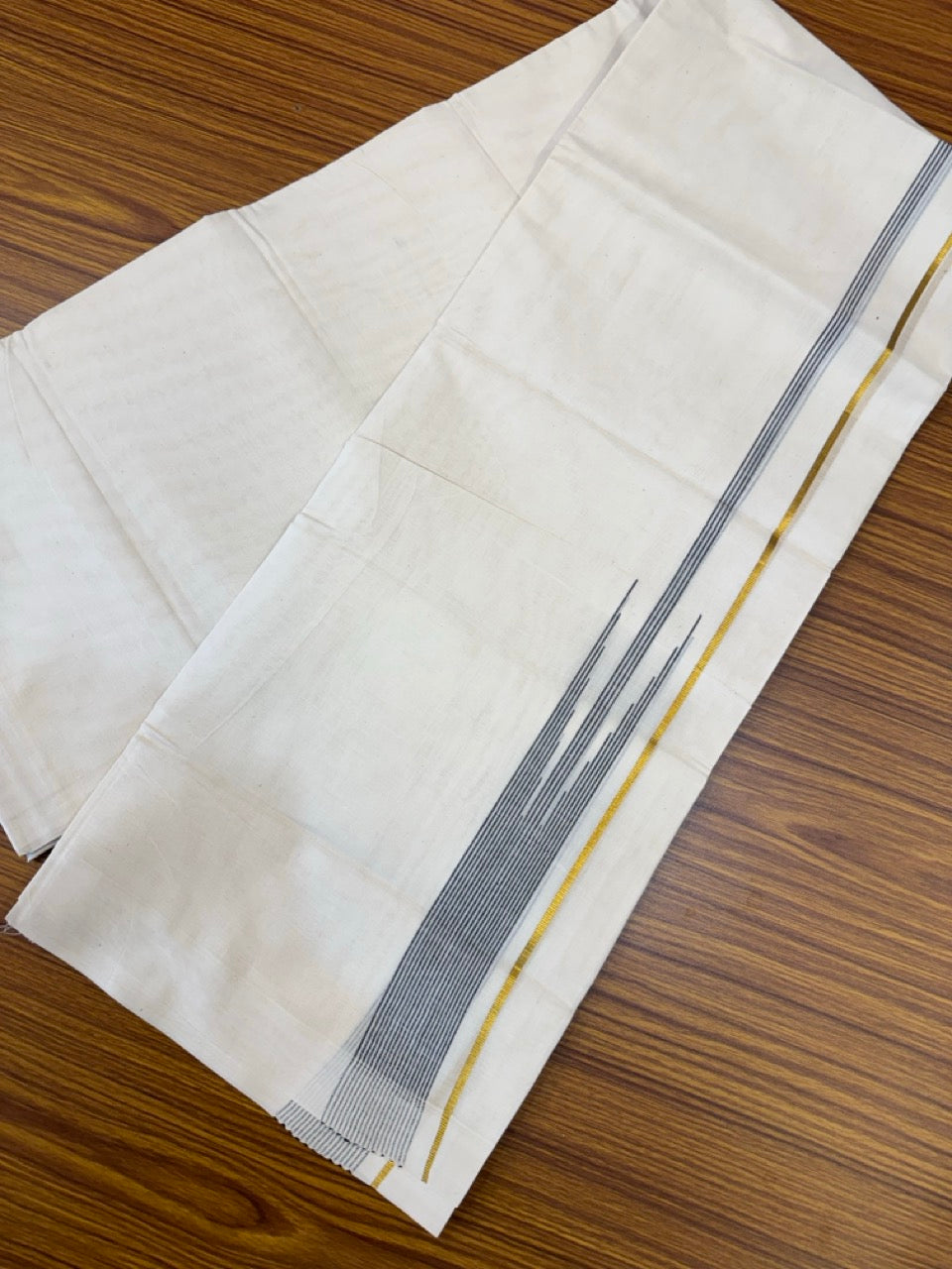 18% Discount! KaithariKada Balaramapuram 100% Cotton Off white Double Mundu/Dhoti - (100x80)s - 0.25 inch Puliyilakkara Black Stripes Chutty Gold Kasav - 155 KK5258 THI
