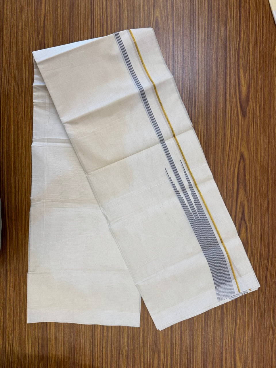 18% Discount! KaithariKada Balaramapuram 100% Cotton Off white Double Mundu/Dhoti - (100x80)s - 0.25 inch Puliyilakkara Dark Violet Stripes Chutty Gold Kasav - 157 KK5258 THI
