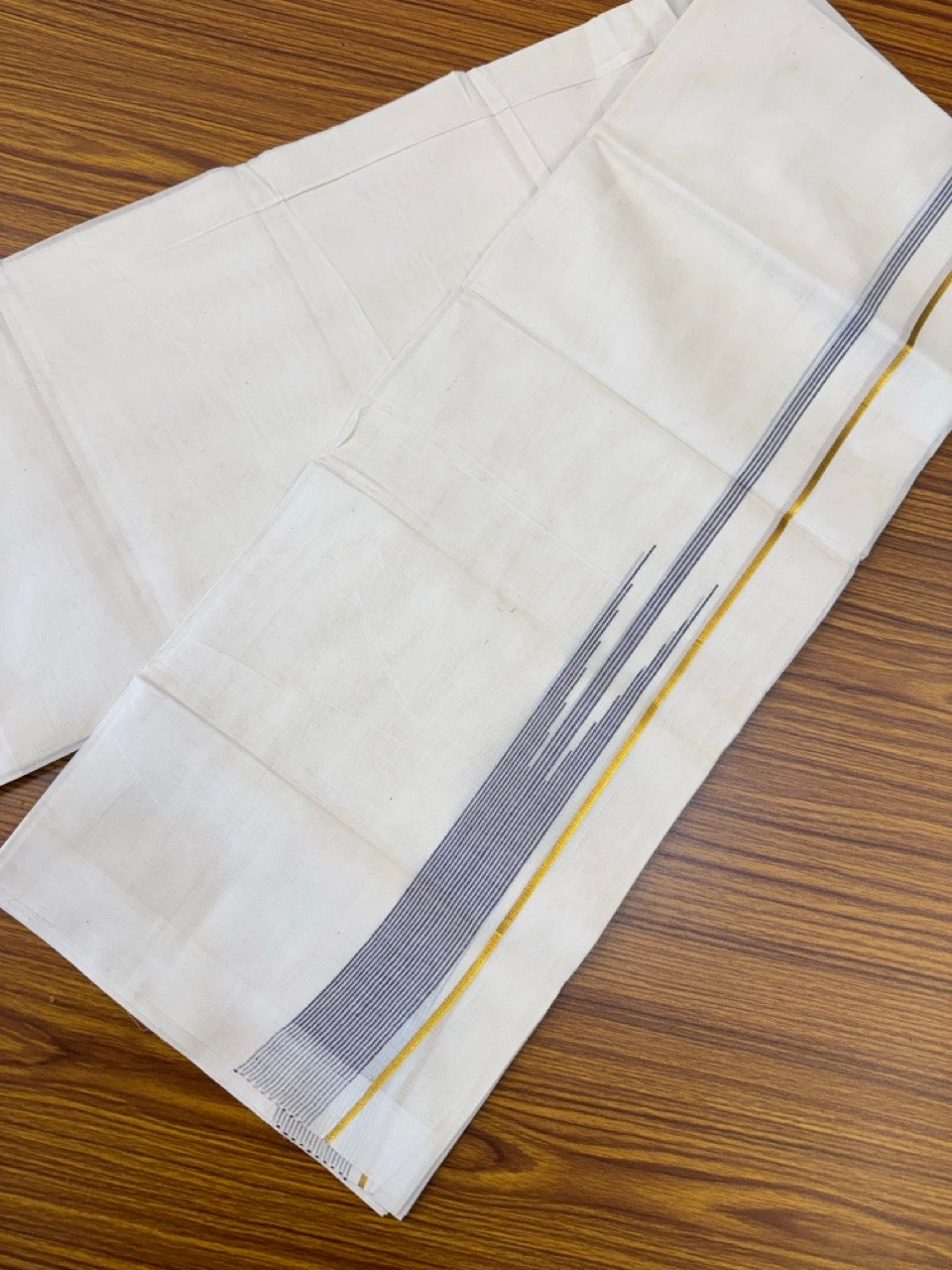 18% Discount! KaithariKada Balaramapuram 100% Cotton Off white Double Mundu/Dhoti - (100x80)s - 0.25 inch Puliyilakkara Dark Violet Stripes Chutty Gold Kasav - 157 KK5258 THI