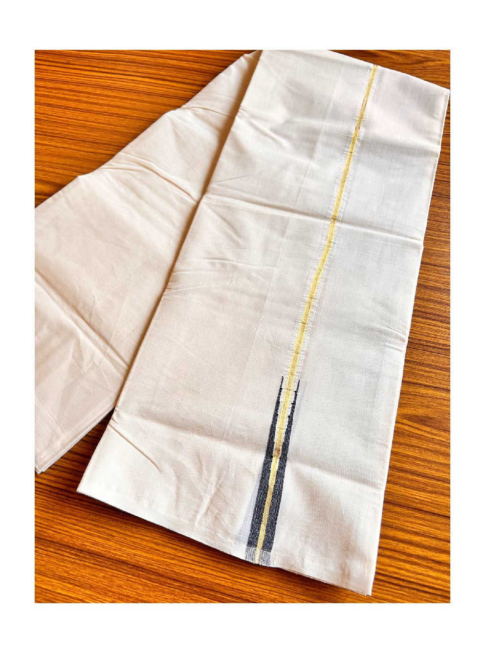 8% DISCOUNT! KaithariKada BALARAMAPURAM - 100% PURE Cotton 100x100 Double Mundu/Dhoti OFF WHITE - (Unbleached) PULIYILAKKARA Kasavu & Black 1.5 cm Chutty KARA-. ASH023.