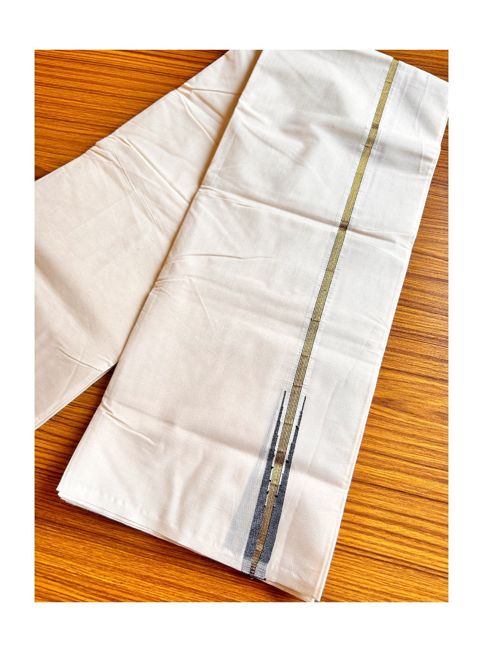 22% DISCOUNT! KaithariKada BALARAMAPURAM - 100% PURE Cotton 100x100 Double Mundu/Dhoti OFF WHITE - (Unbleached) PULIYILAKKARA Kasavu Embedded & Black Chutty 0.75 inch KARA- ASH024.
