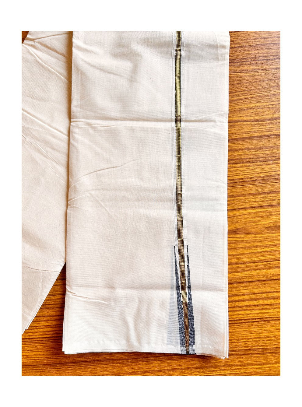 22% Discount! KaithariKada Balaramapuram - 100% Pure Cotton 100x100 Double Mundu/Dhoti Off White - (Unbleached) Puliyilakkara Kasav Embedded & Black Chutty 0.75 inch Kara - ASH024.