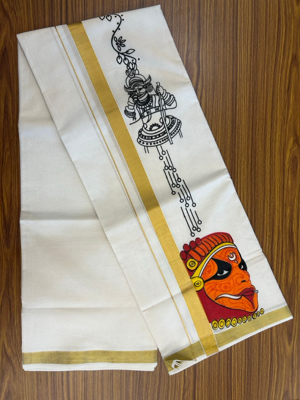 25% Discount!! KaithariKada Balaramapuram Pure Cotton Double Off white - (Ubleached) Mundu/Dhoti - 80x72 - 1 inch Kasavu & Theyyam Printed Design Kara - 16 KK5262 MUT