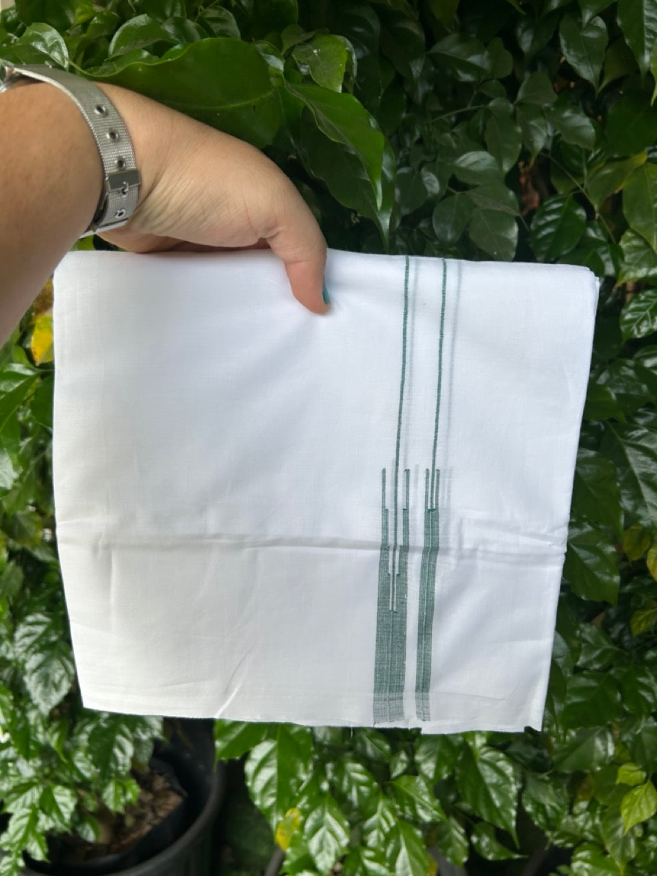 20% DISCOUNT!! NEW!! KaithariKada Balaramapuram 100% Cotton PURE WHITE Double Mundu/Dhoti - (100x80)s - 0.75 inch Dark Green Line chutty - 16 KK5249 VIN