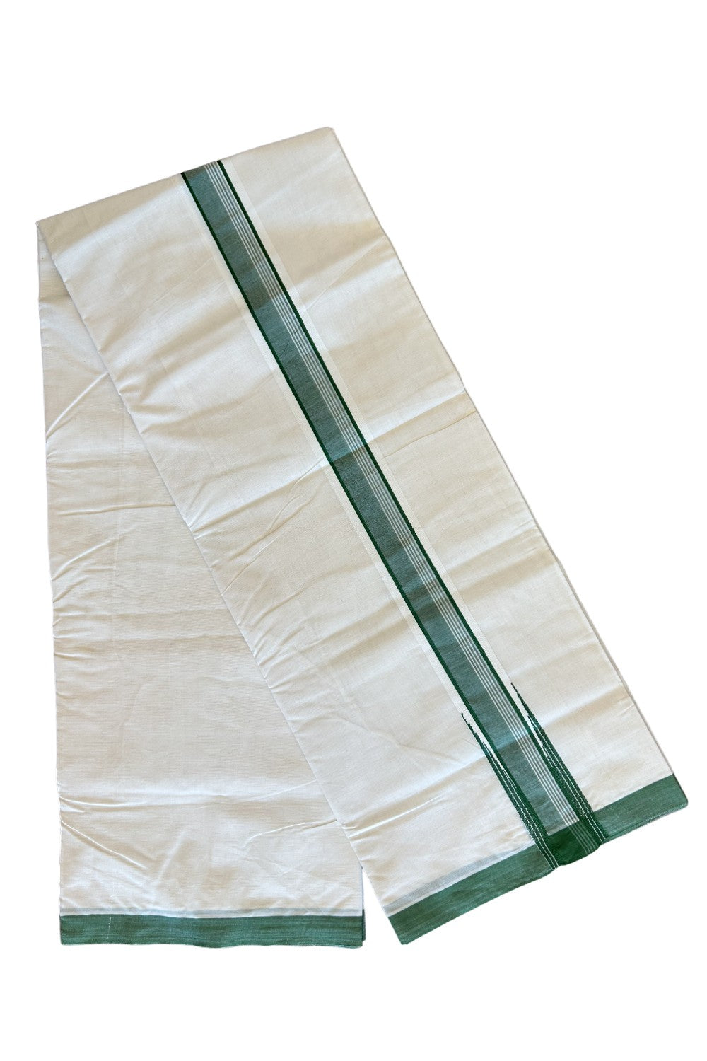 20% DISCOUNT ! KaithariKada 100% Cotton OFF WHITE (Unbleached) Double Dhoti/Mundu- 2 inch Puliyilakkara Army Green Wings Chutty - 20KK455ASH