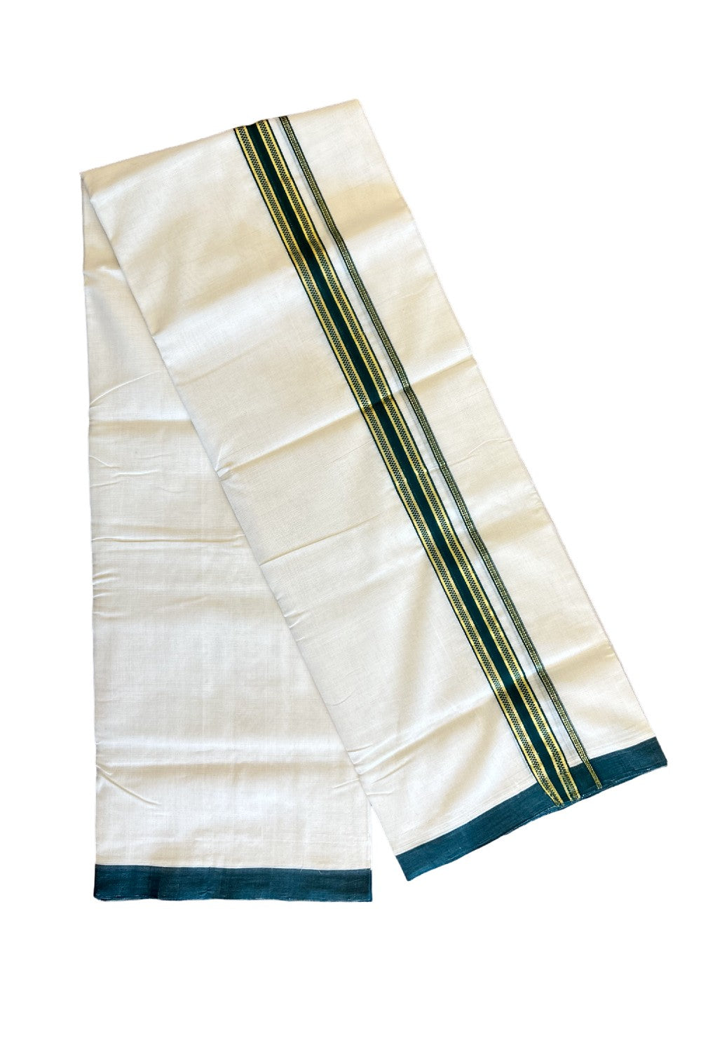 30% Discount!!! KaithariKada HANDLOOM UNAKKUPAAV Balaramapuram - 100% PURE Cotton off white (Unbleached) Double Mundu/Dhoti - 1.75 inch Kasavu & Dark green pattern kara - 16KK458SOM