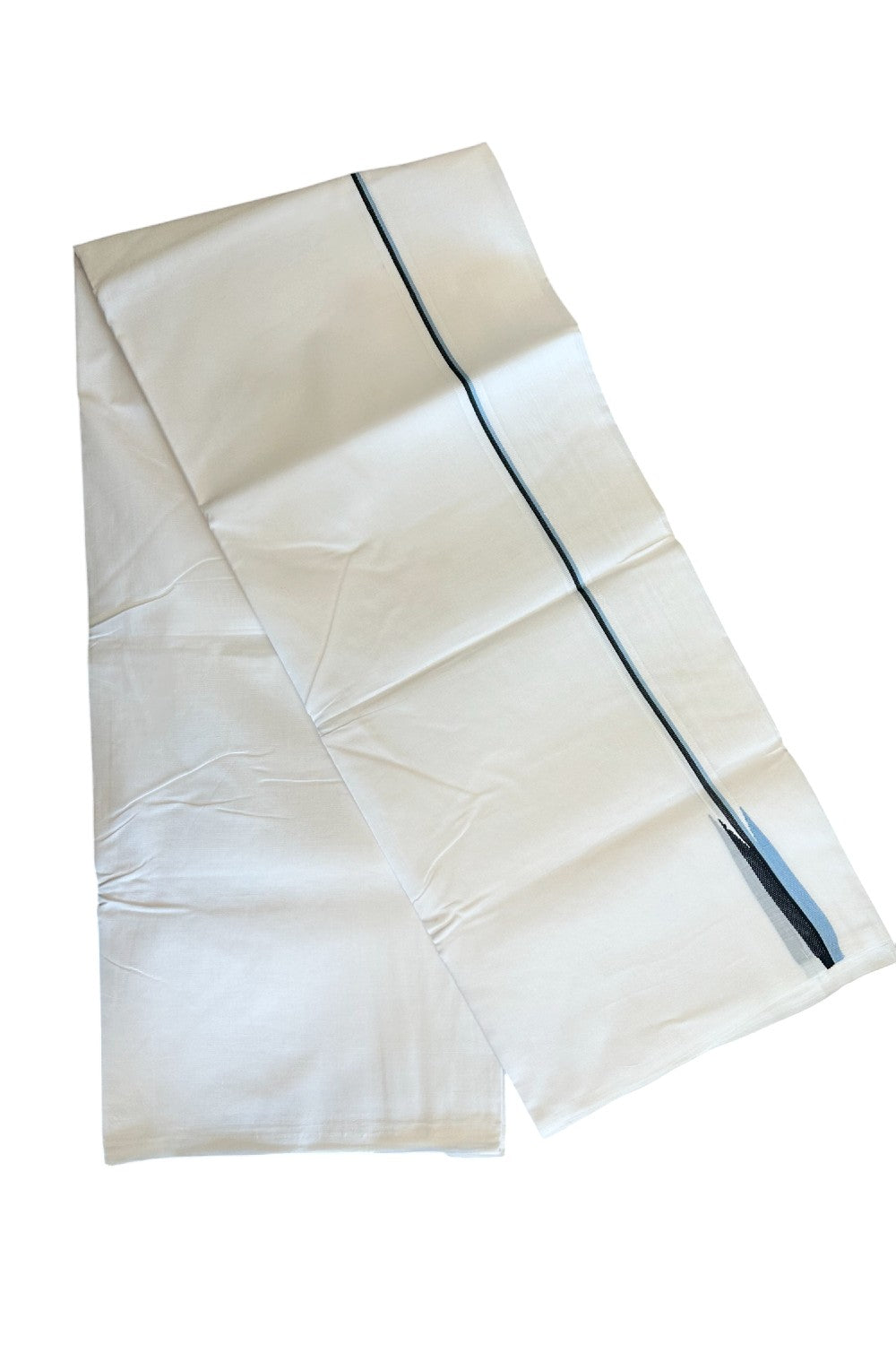 27% DISCOUNT!!! KaithariKada Balaramapuram 100% Cotton Pure white Double Mundu/Dhoti-100x100 Puliyilakkara Black & Sky blue chutty - 4KK412ASH
