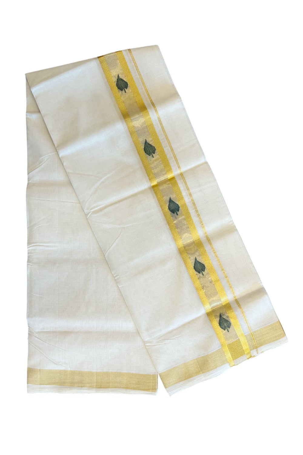 25% Discount!!! KaithariKada HANDLOOM UNAKKUPAAV Balaramapuram - 100% PURE Cotton off white (Unbleached) Double Mundu/Dhoti -100x 100 - 2.5 inch Kasavu with Centre Tissue & Green Leaf design kara - 15KK5096YAR