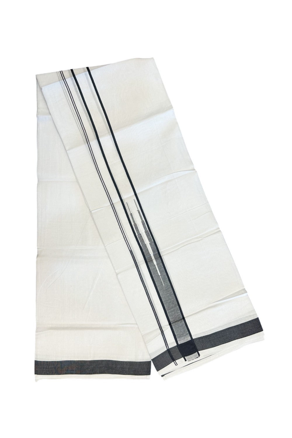 25% DISCOUNT! KaithariKada Balaramapuram 100% Mercerised Cotton Double ULTRA PURE white Mundu/Dhoti - 120x120 - 1.25 inch Heavy Chutty Black Shaded Kara - 16KK5139THI