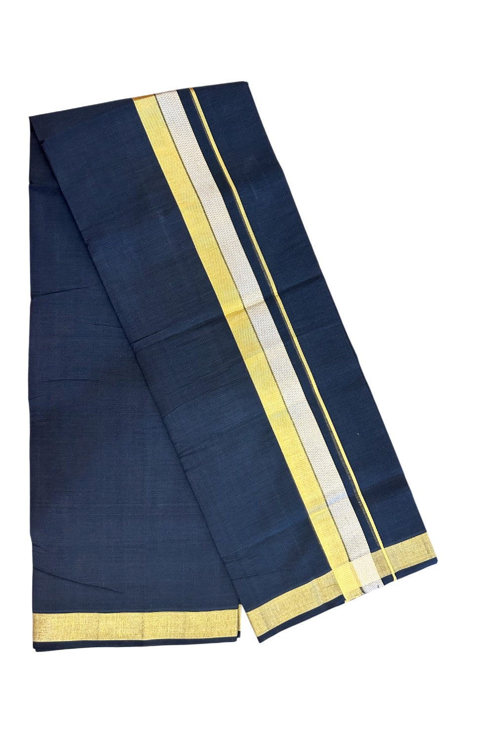 25% Discount! KaithariKada Handloom UNAKKUPAAV Balaramapuram - 100% Cotton Double Mundu/Dhoti - Black Colour Body - 2 inch Gold Kasavu & Silver Kasavu Design - 16KK5176ABH
