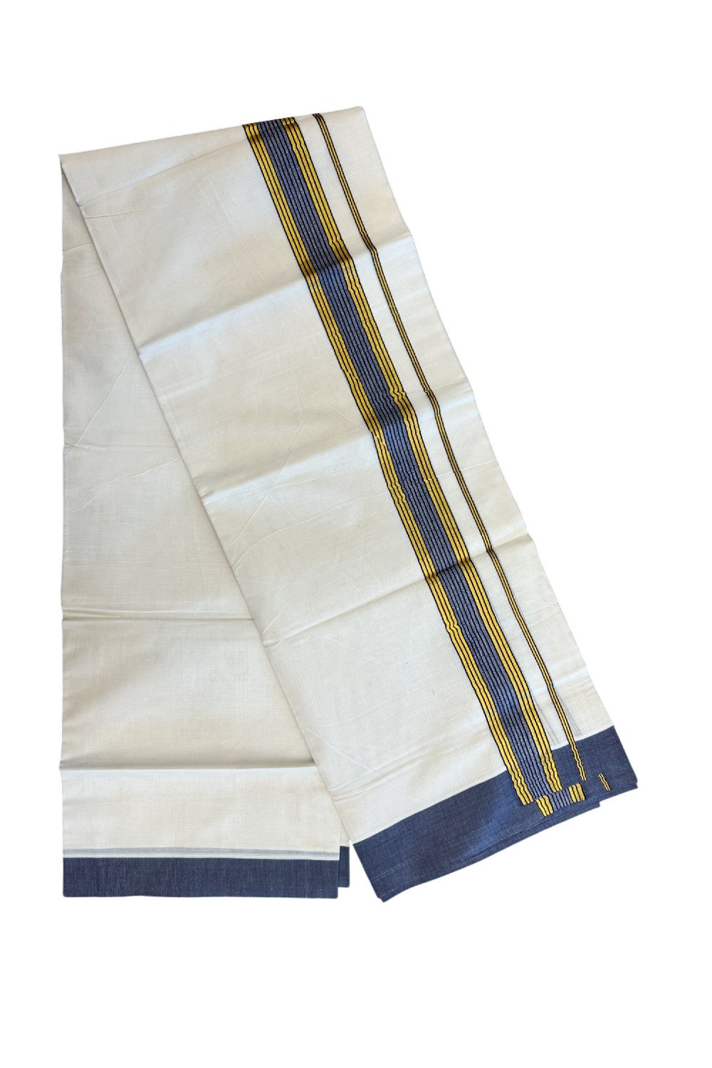 20% DISCOUNT! KaithariKada Balaramapuram Double OFF WHITE Mundu/Dhoti - 80x80- 1.5 Inch Gold Kasavu & Navy Blue Shaded striped Kara - 16KK5182VAS