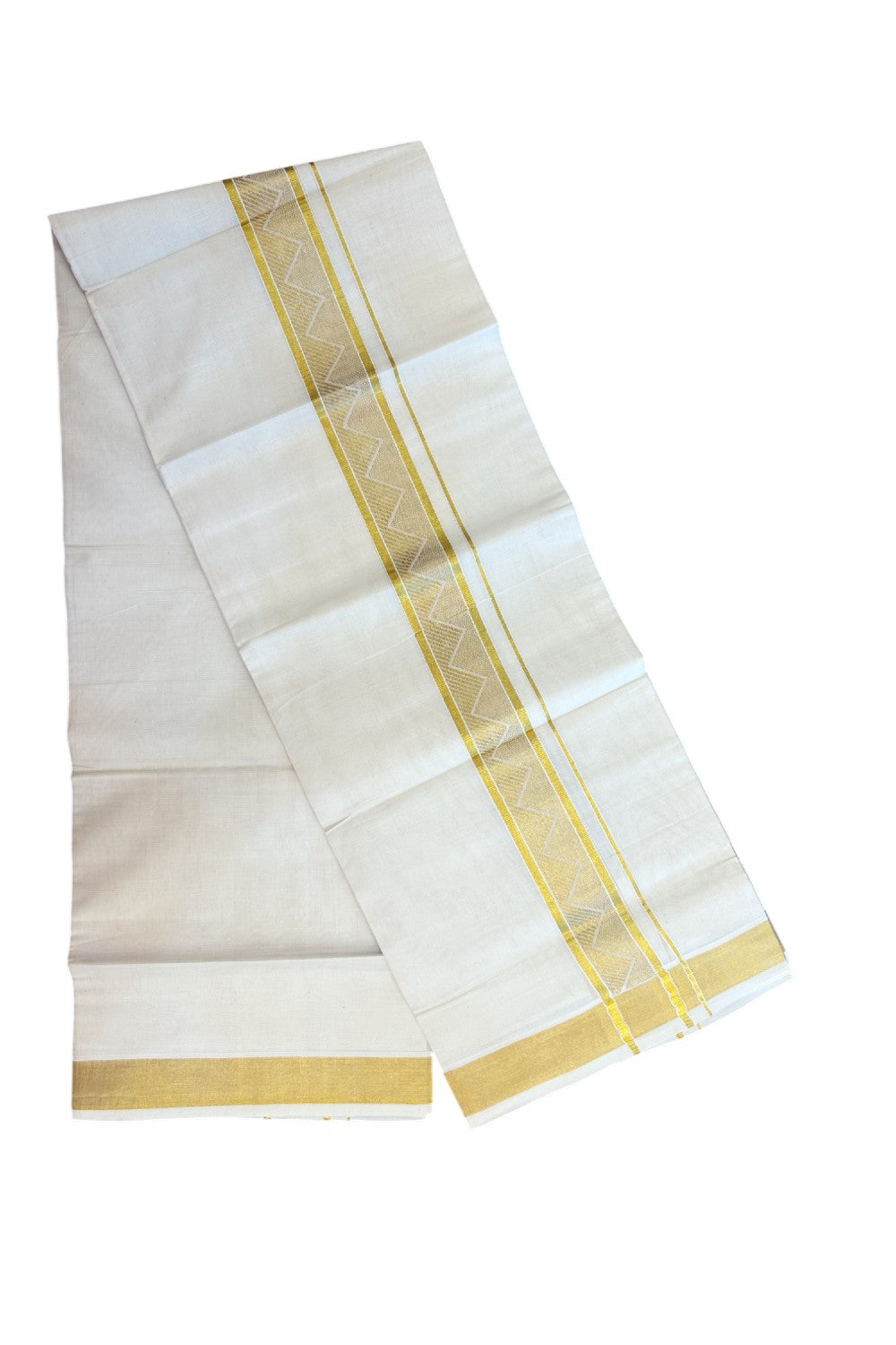 20% DISCOUNT! KaithariKada Balaramapuram 100% Pure Cotton off white - (Unbleached) Double Mundu/Dhoti - 100X80 - 1.75 inch Gold kasavu Jacquard Design kara - 16KK5186CKS