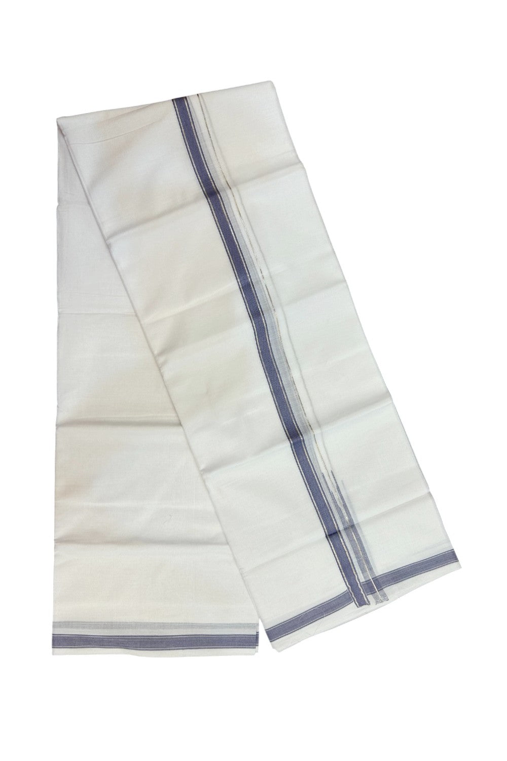 20% Discount !! Kaitharikada Balaramapuram 100% Cotton PURE WHITE Double Mundu/Dothi - 100x80 - 0.5 inch Silver Kasavu & Ash Blue Chutty Kara - 16KK5191CKS