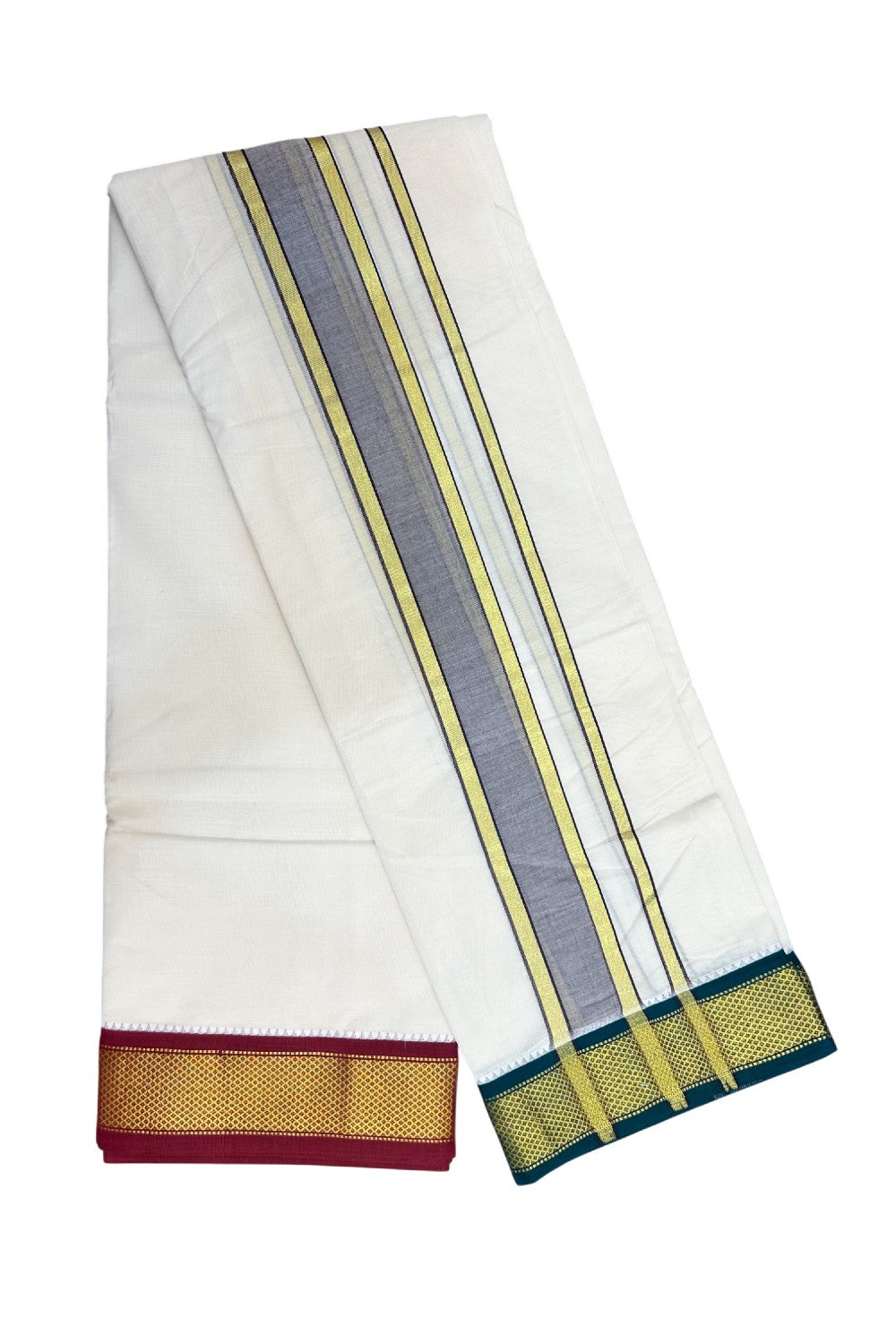 20% DISCOUNT! KaithariKada 100% Cotton Off White - (Unbleached) 100x100 thread - NORTH INDIAN- ATTACHED GAMCHA 9X5 Dhoti 2 inch Violet kara with Maroon & Green Kasavu border - 16KK5196PMC