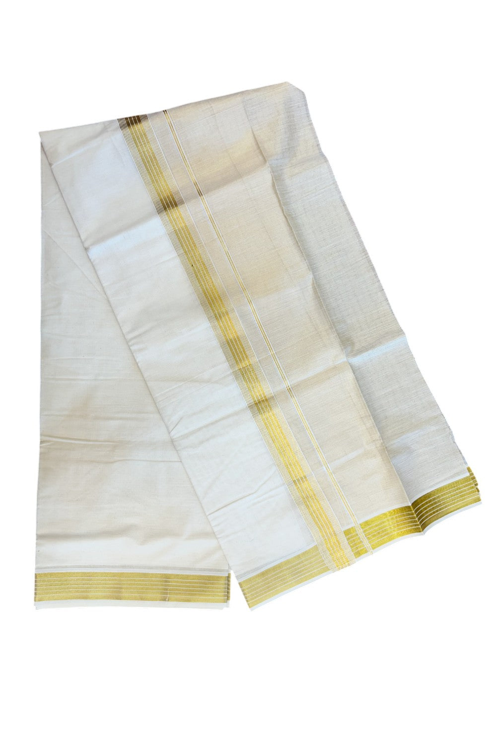 20% DISCOUNT ! KaithariKada Balaramapuram - 100% PURE Cotton Off White - (Unbleached) Double Mundu/Dhoti - 100X80 - 1.5 inch Gold Kasavu & Silver Kasavu Striped Kara - 16KK5212 VIN