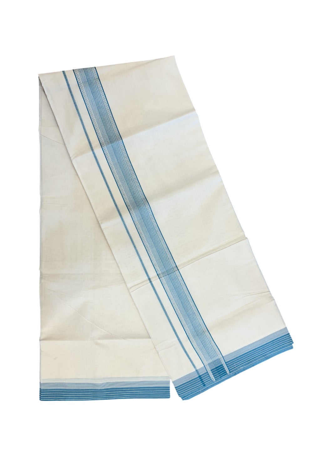 20% DISCOUNT ! KaithariKada Balaramapuram 100% Cotton OFF WHITE (Unbleached) Double Mundu/Dhoti - 100X80 - 1.5 inch Peacock Blue Stripes & Shaded Designer Kara - 16KK5213 VIN