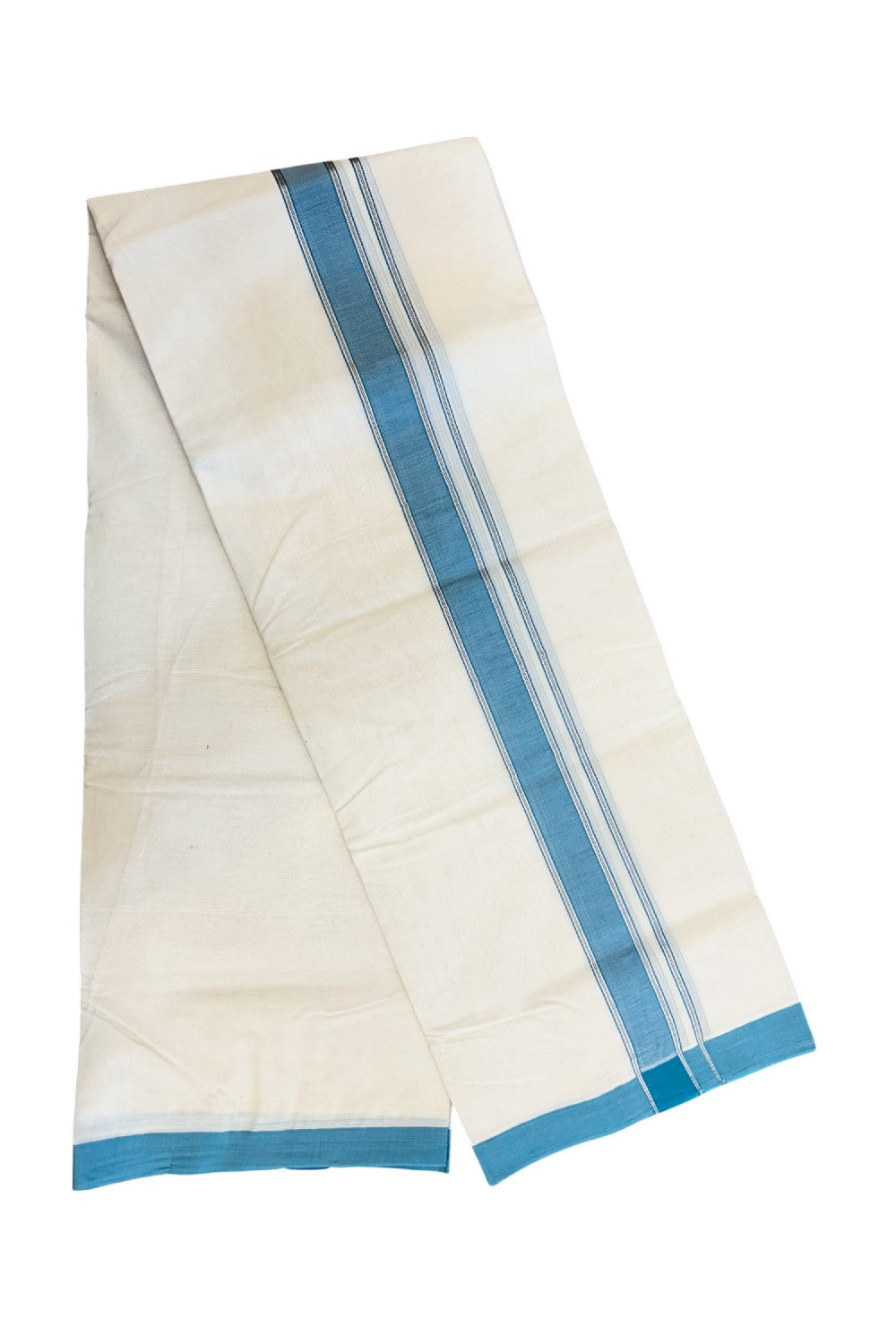 NEW !! 20% DISCOUNT!! KaithariKada Balaramapuram 100% Cotton Double Off white - (Unbleached) Mundu/Dhoti-100x80 - 1.5 inch Silver Kasavu & Teal Blue Shaded Striped KARA - 3.75 mtr (8 Muzham) - 16KK5218 ASH