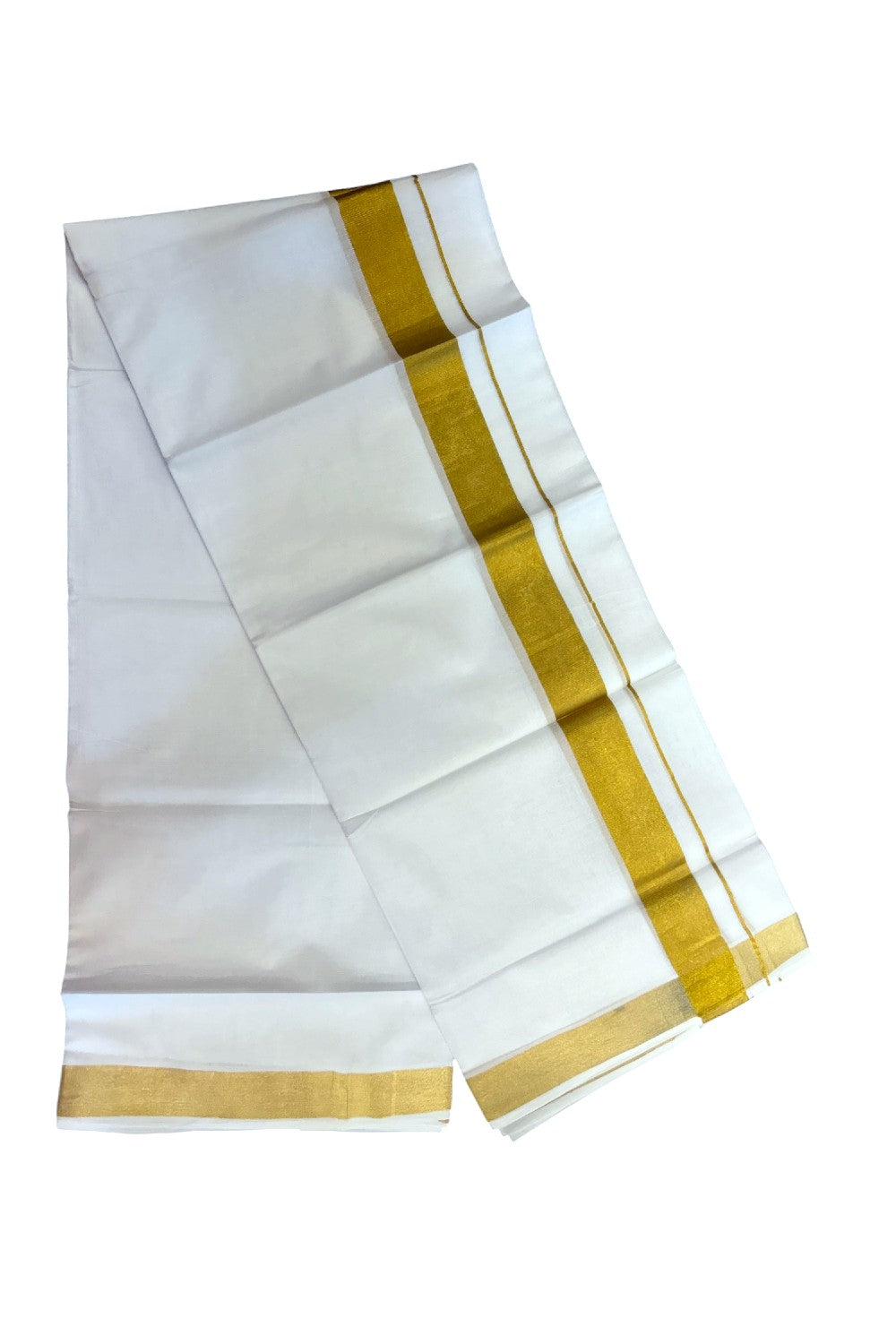 20% DISCOUNT!! KaithariKada Balaramapuram 100% Cotton DOUBLE PURE WHITE Mundu/Dhoti - 100x100 - 1.25 inch Gold Kasavu Kara 4 mtr (8.5 muzham) - 16KK5221 GAN