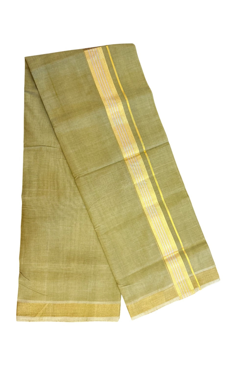 25% Discount! KaithariKada Handloom UNAKKUPAAV Balaramapuram - 100% Cotton Double Mundu/Dhoti - 80x90 - 1.5 inch Gold Kasavu & silver Jacquard Design Kara with Pastel Olive green Colour Body 4 mtr (8.5 Muzham) - 15KK5231 ABH