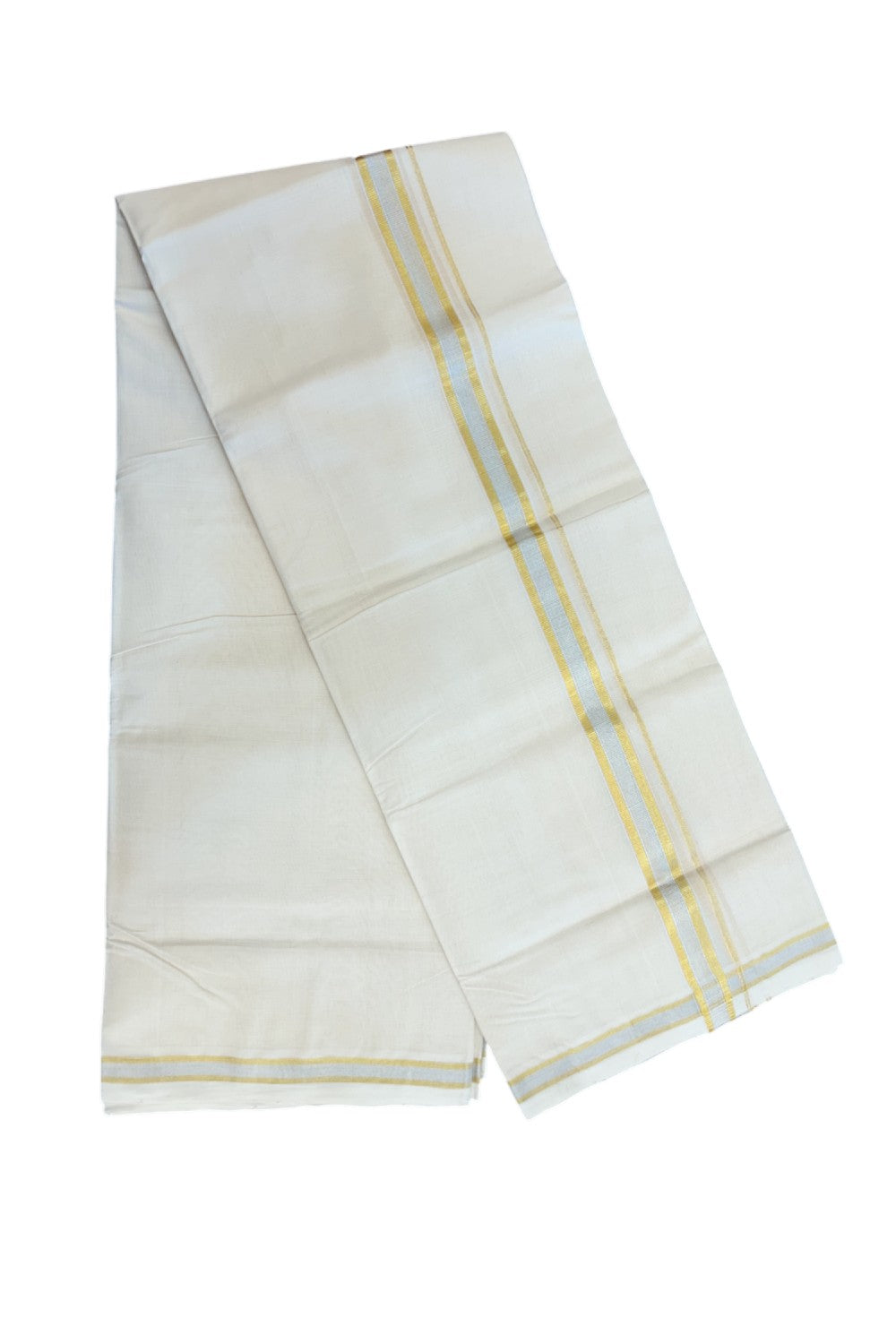25% DISCOUNT ! KaithariKada HANDLOOM MILLPAAV Balaramapuram - 100% PURE Cotton Off White - (Unbleached) Double Mundu/Dhoti - 80X90 - 1 inch Gold Kasavu & Silver Kasavu Stripes Kara 4 mtr (8.5 muzham)- 16KK5234 RAM