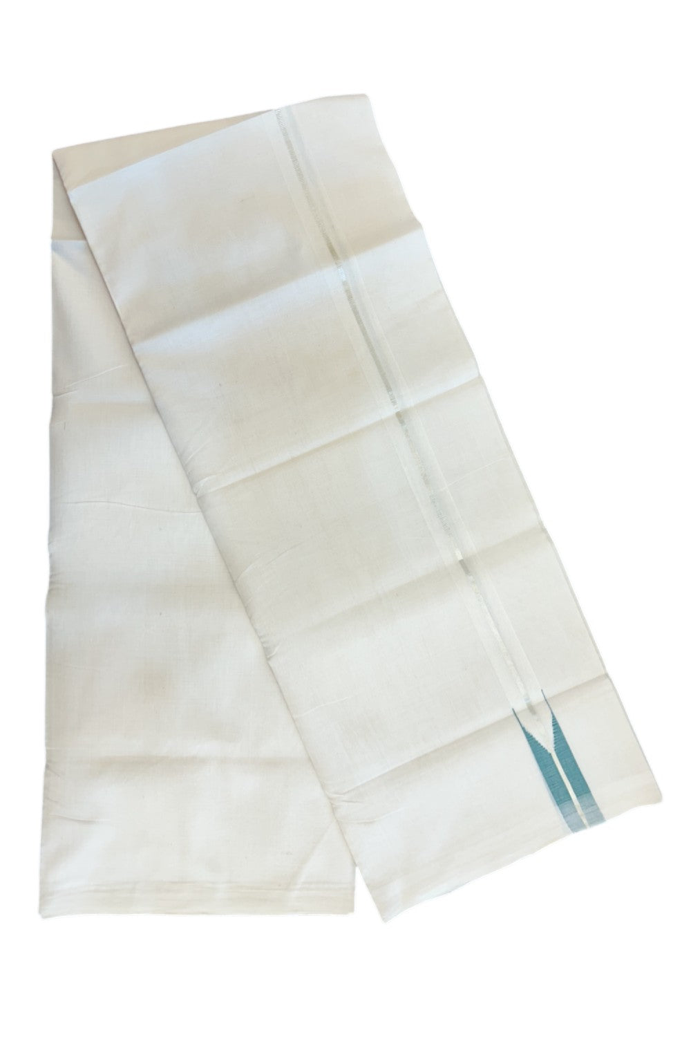 25% Discount!!! KaithariKada HANDLOOM UNAKKUPAAV Balaramapuram - 100% PURE Cotton OFF WHITE (Unbleached) Double Mundu/Dhoti - 80x90 - 1 inch Silver kasavu Green shaded chutty 4 Mtr (8.5 Muzham) - 16KK5235 YAR